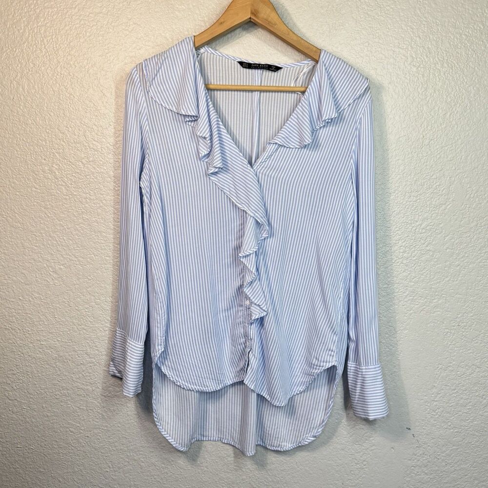 Zara Top Women S Blue Stripped Blouse Ruffled Coastal Old Money Classic Elegant